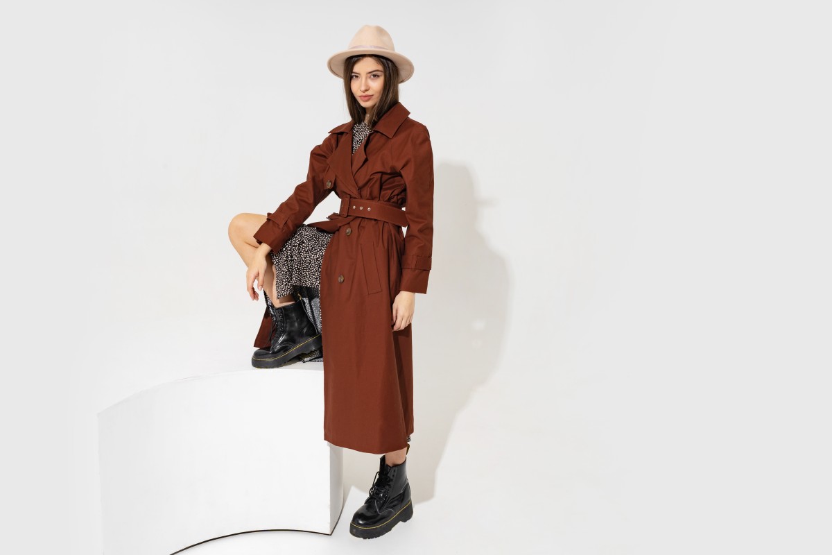 1 Dress 3 Looks 12 winer fashion look stylish brunette model brown coat beige hat posing 1